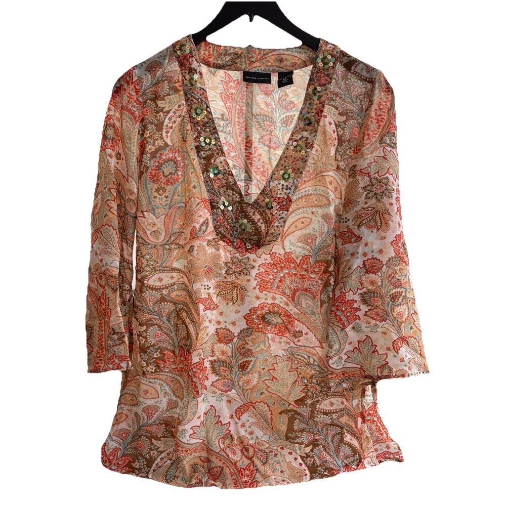 New York & Company Boho Paisley Embellished Sequin V-Neck Blouse M EUC
